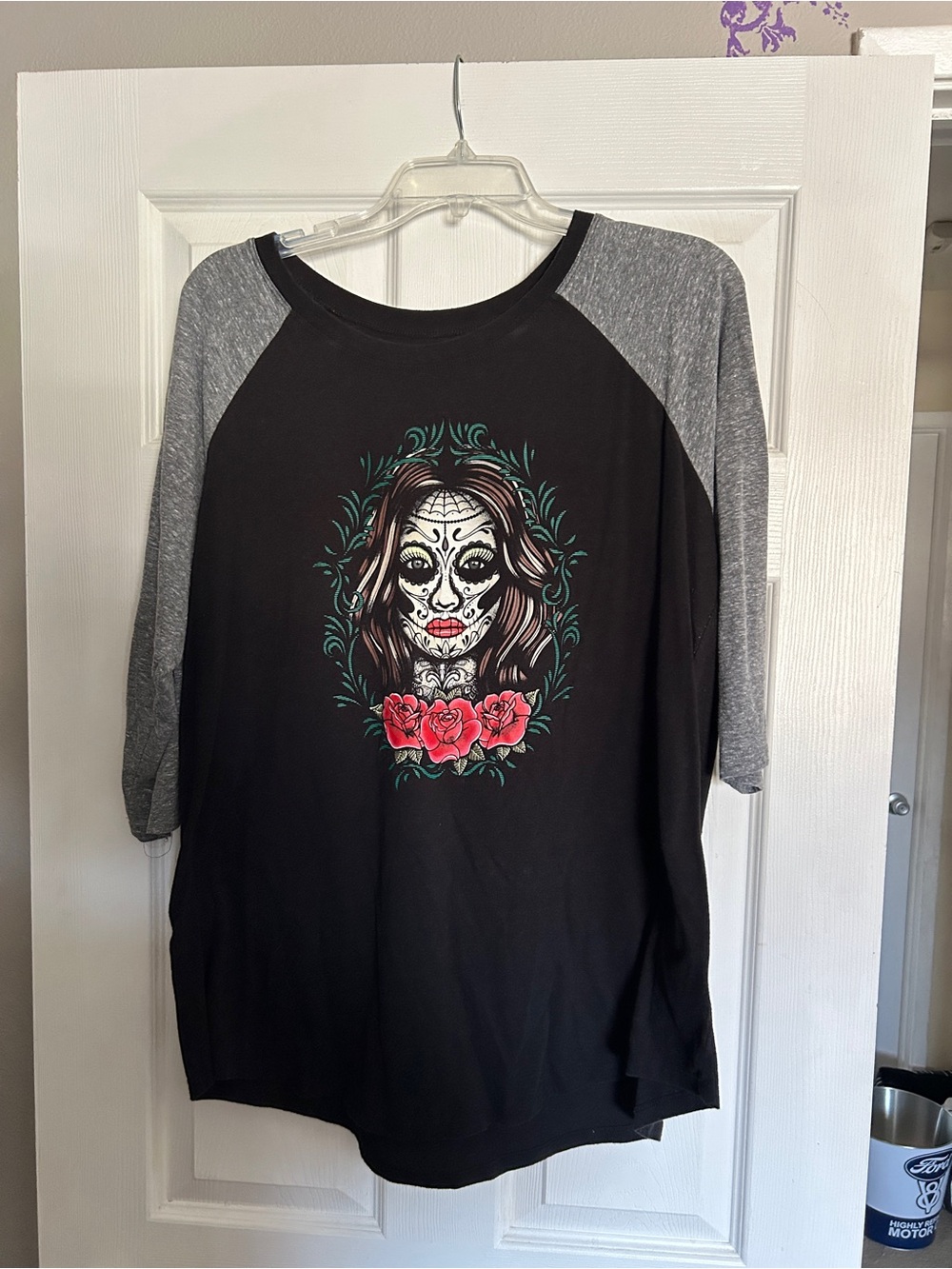 torrid Black Raglan Tee with Grey Sleeves and Floral Sugar Skull Graphic